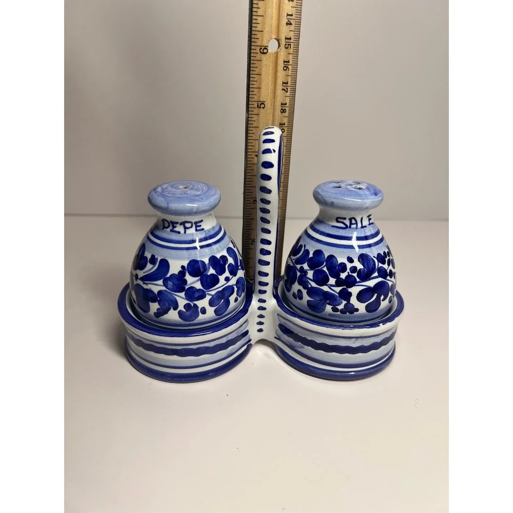 Vtg‎ Deruta Italian Pottery Salt Pepper Shakers w/ Caddy Blue White Majolica